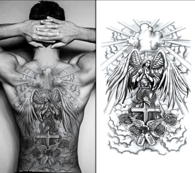 (Full Back) Angel & Cross - Temporary Tattoo