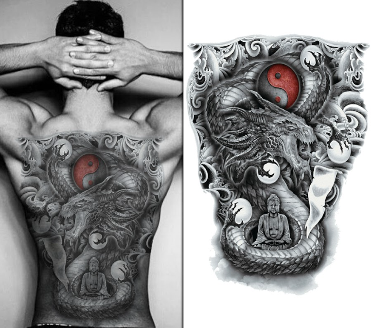 (Full Back) Buddha & Serpent - Temporary Tattoo