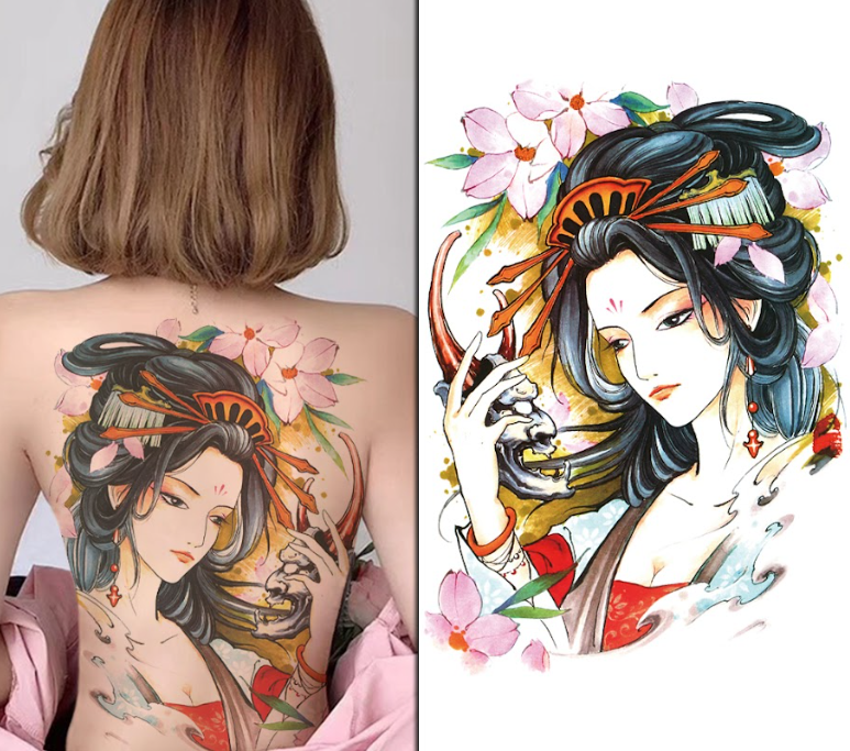 (Full Back) Coloured Japanese Lady - Temporary Tattoo