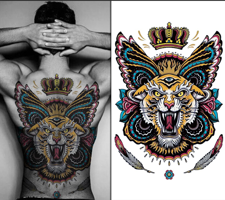 (Full Back) King Tiger & Wings - Temporary Tattoo