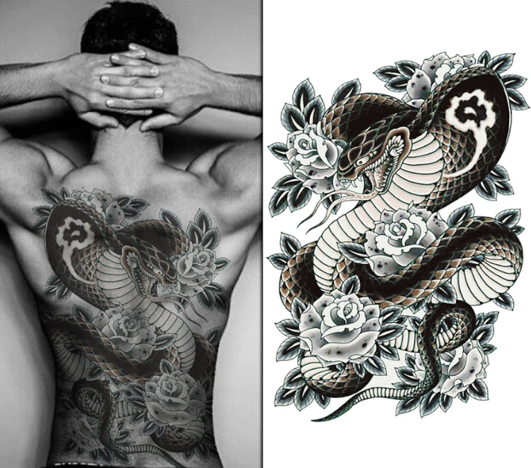 (Full Back) Serpent & Roses - Temporary Tattoo