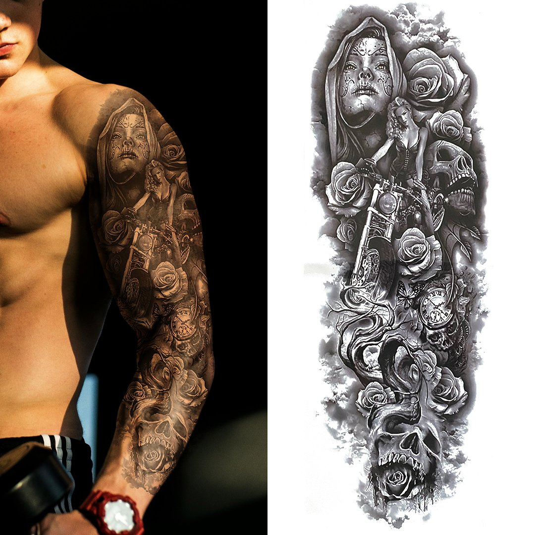 (Full Sleeve) Biker Girl & Skulls Flowers - Temporary Tattoo