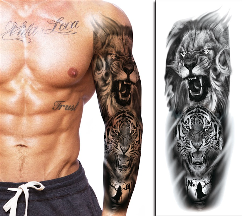 (Full Sleeve) Lion & Tiger - Temporary Tattoo