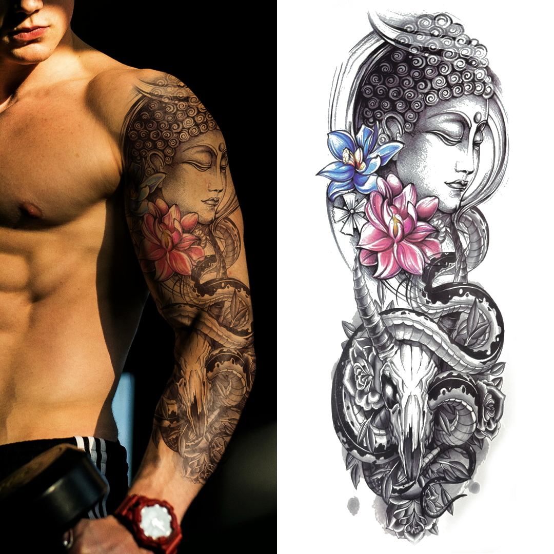 (Full Sleeve) Buddha Ox Skull & Flowers - Temporary Tattoo