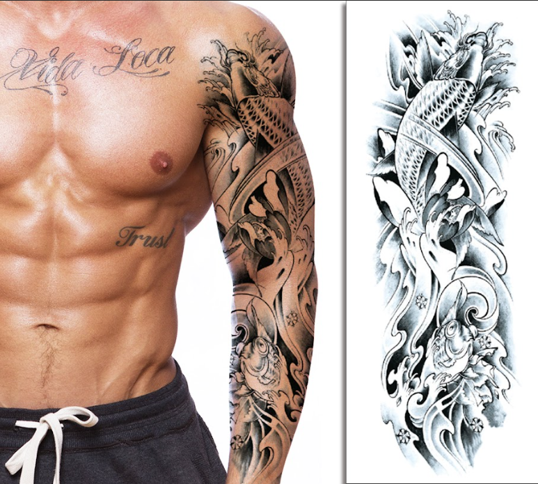 Full Sleeve Classic Fish & Waves Tattoo for Men – Bold Japanese-Style Art, Easy to Apply, Long Lasting & Waterproof | Temporary Tattoo