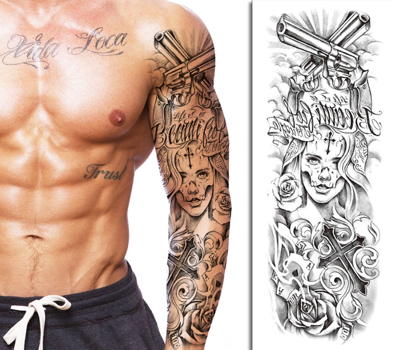 (Full Sleeve) Classic Guns & Roses - Temporary Tattoo