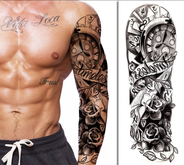 (Full Sleeve) Clock & Roses - Temporary Tattoo