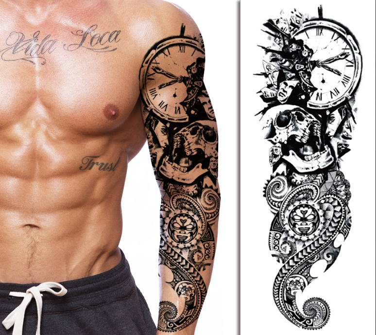 (Full Sleeve) Clock Skull - Temporary Tattoo