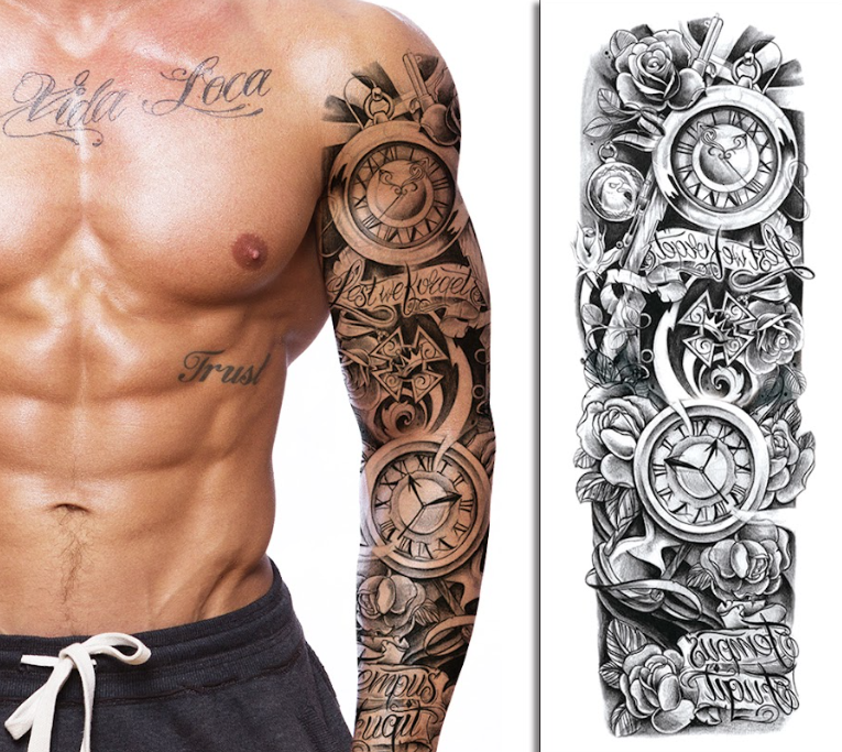 (Full Sleeve) Clocks & Flowers - Temporary Tattoo