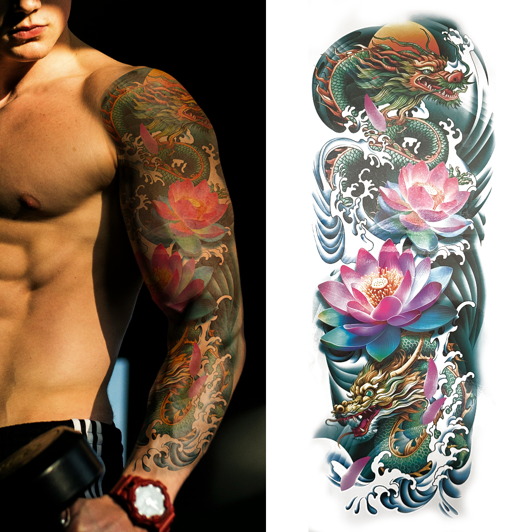 (Full Sleeve) Coloured Serpent Dragon & Flowers - Temporary Tattoo