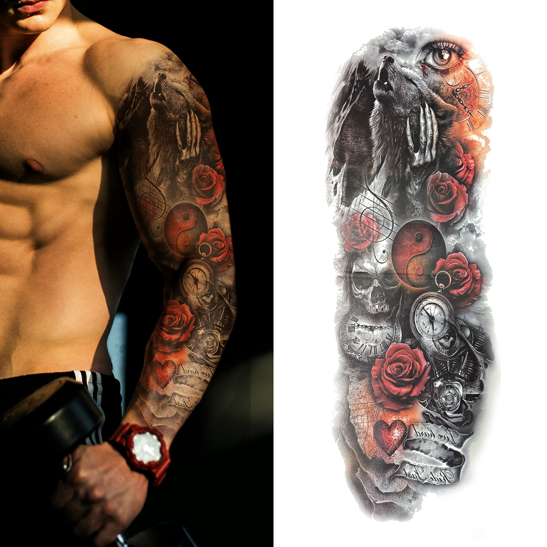 (Full Sleeve) Coloured Wolf Skull Roses - Temporary Tattoo