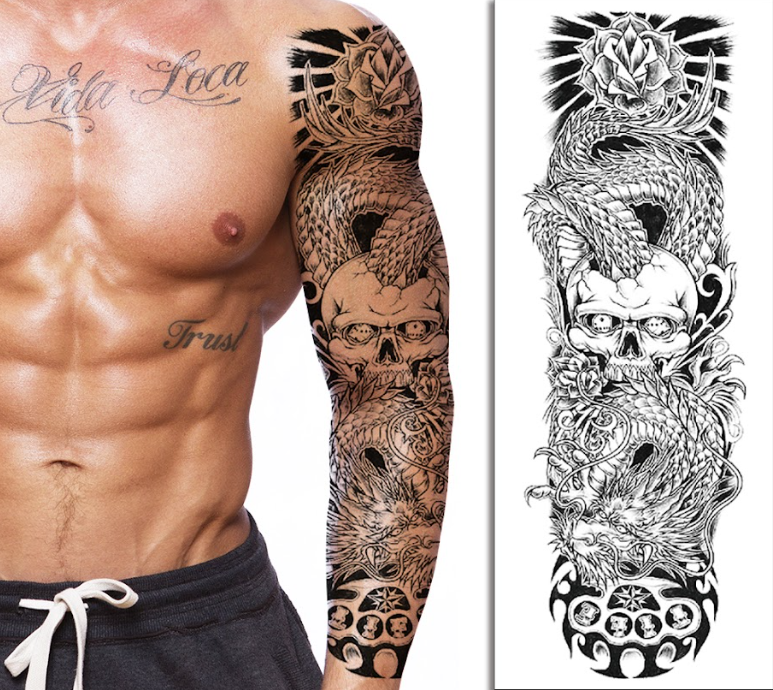 (Full Sleeve) Dragon Serpent Skull - Temporary Tattoo