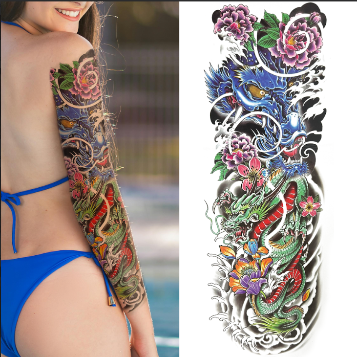 (Full Sleeve) Dragon Serpents & Flowers - Temporary Tattoo