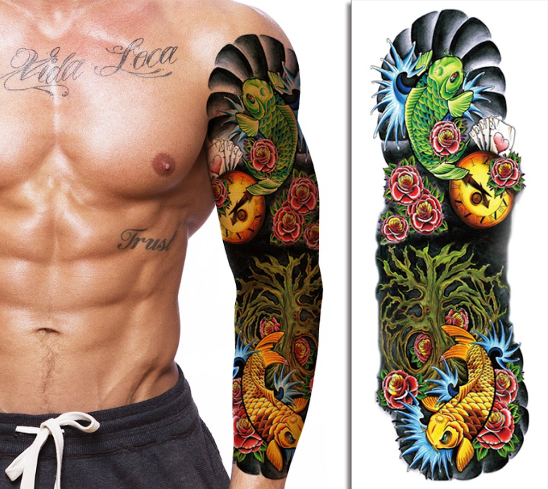 Full Sleeve Elegant Fish & Roses Tattoo for Men – Unique Fusion Design, Long Lasting, Easy to Apply & Skin Friendly | Temporary Tattoo