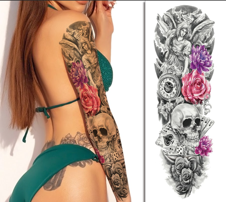 (Full Sleeve) Elegant Skull with Roses & Angel - Temporary Tattoo