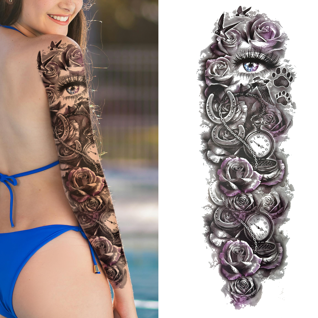 (Full Sleeve) Eye Purple Roses - Temporary Tattoo