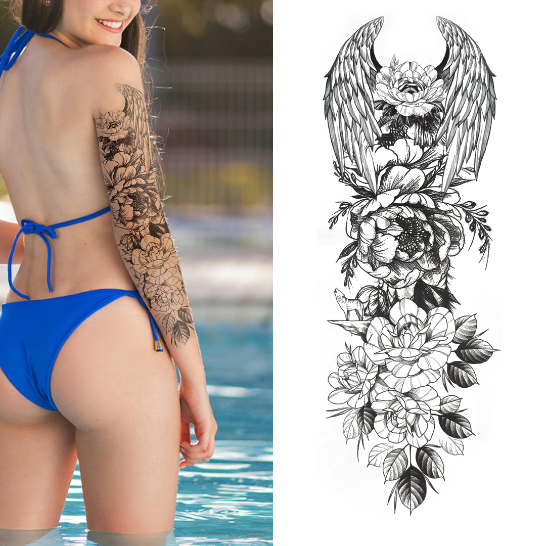 (Full Sleeve) Flowers with Wings - Temporary Tattoo