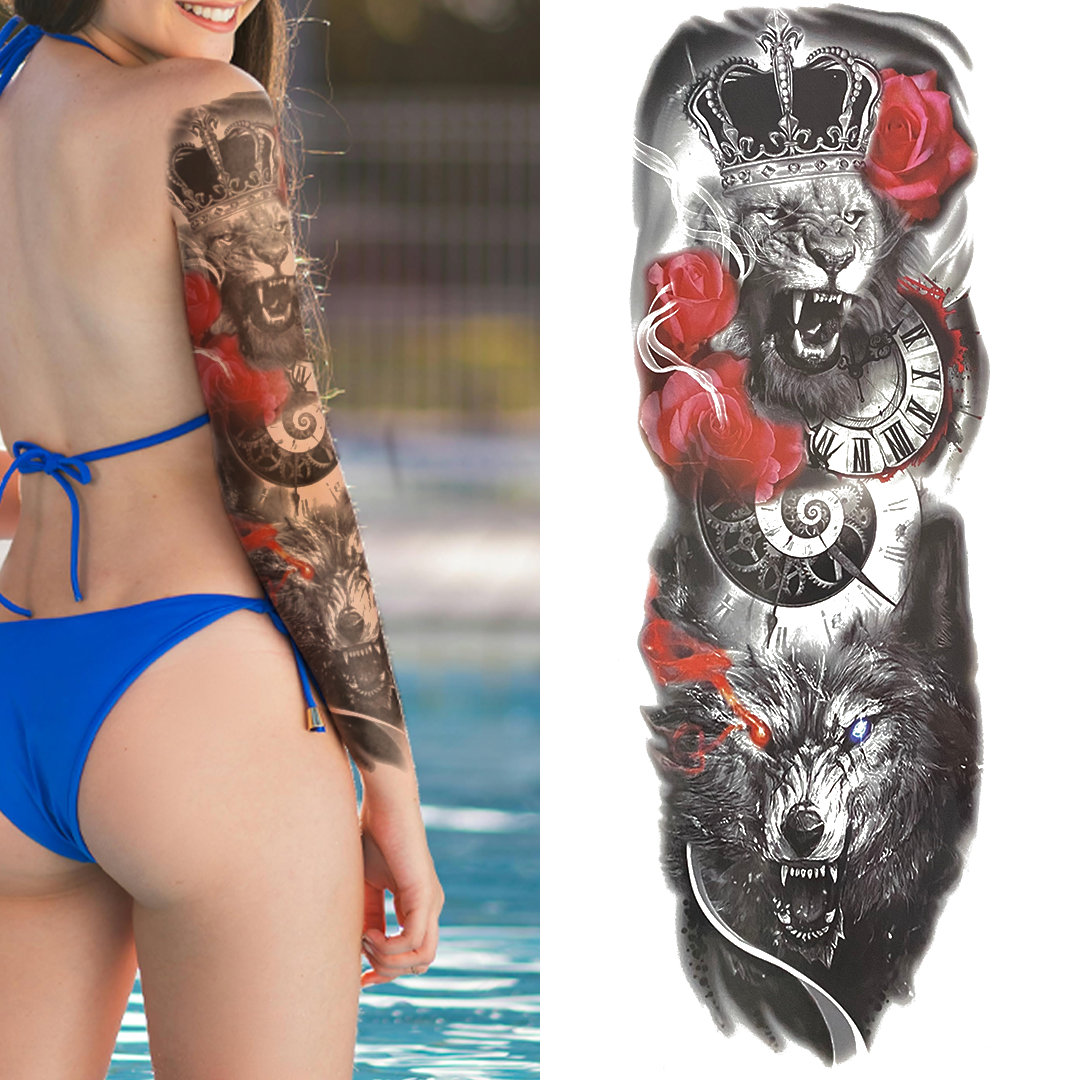 (Full Sleeve) Lion King with Roses - Temporary Tattoo