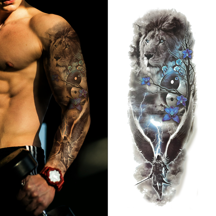 (Full Sleeve) Lion Warrior & Angel Wings - Temporary Tattoo