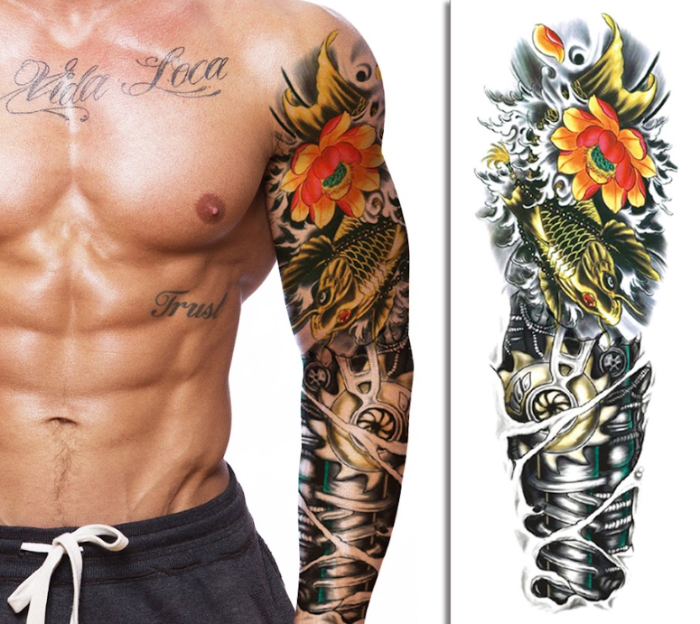 (Full Sleeve) Mechanical Fish & Floral - Temporary Tattoo