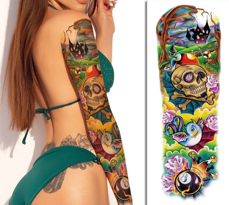 (Full Sleeve) Mystic Skull & 8-Ball - Temporary Tattoo