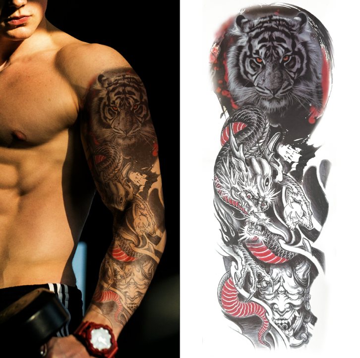 (Full Sleeve) Red Tiger Dragon Serpent Demon - Temporary Tattoo