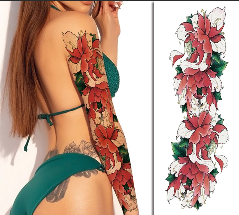 (Full Sleeve) Red & White Flowers - Temporary Tattoo