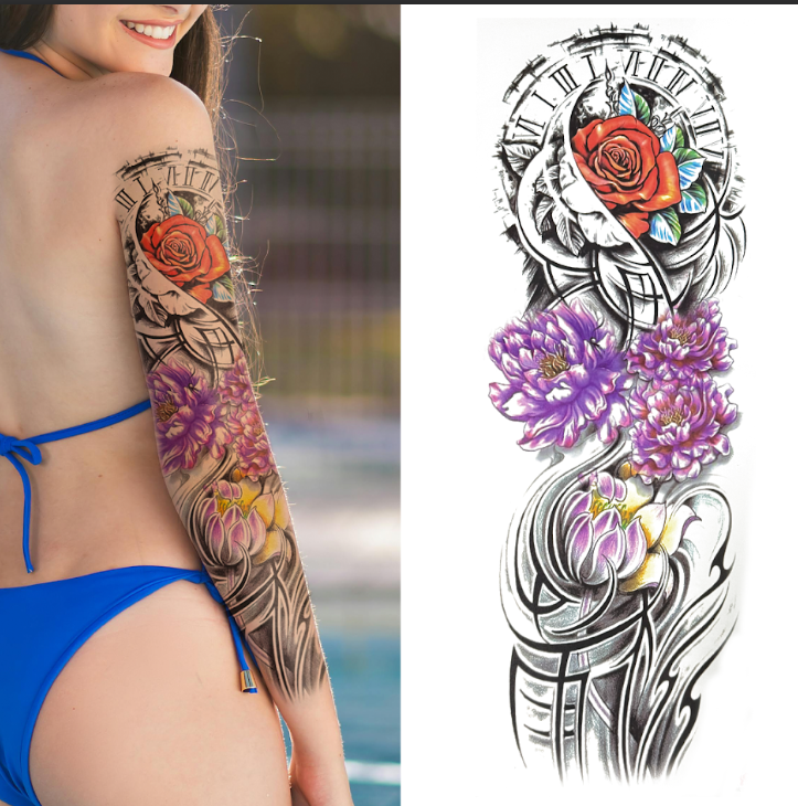(Full Sleeve) Roman Clock Flowers - Temporary Tattoo