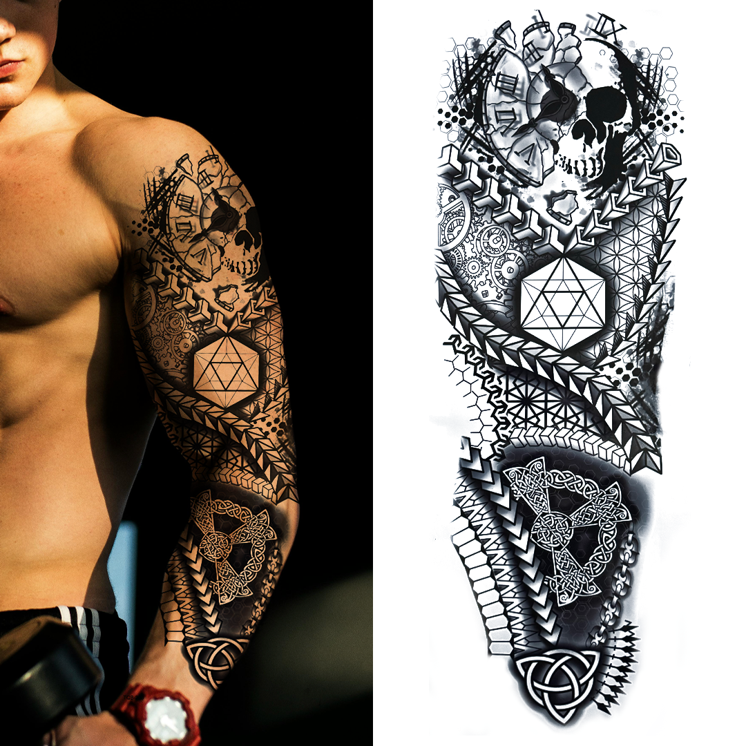(Full Sleeve) Skull Chains with Clock - Temporary Tattoo