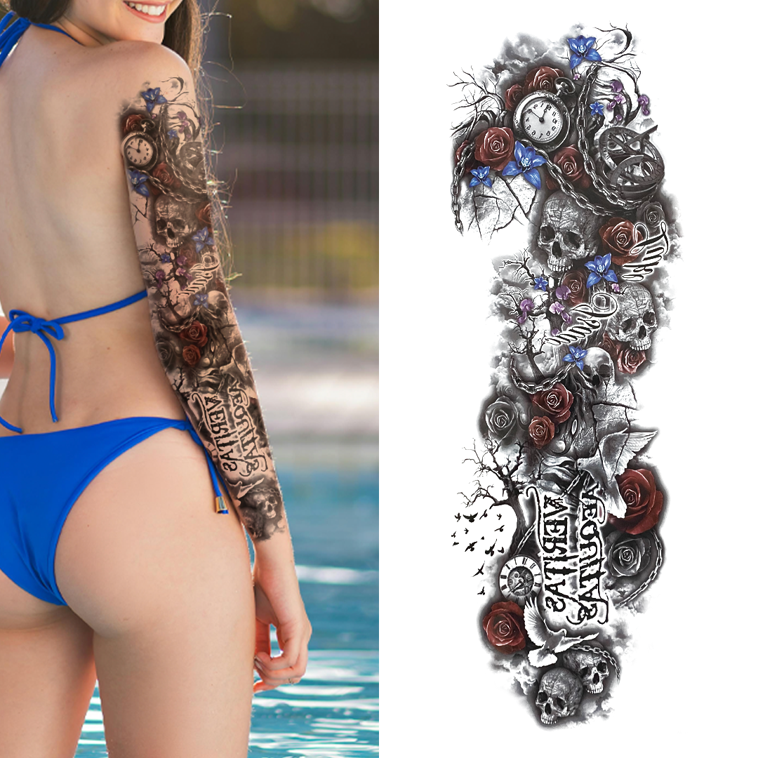 (Full Sleeve) Skull Clocks Roses - Temporary Tattoo