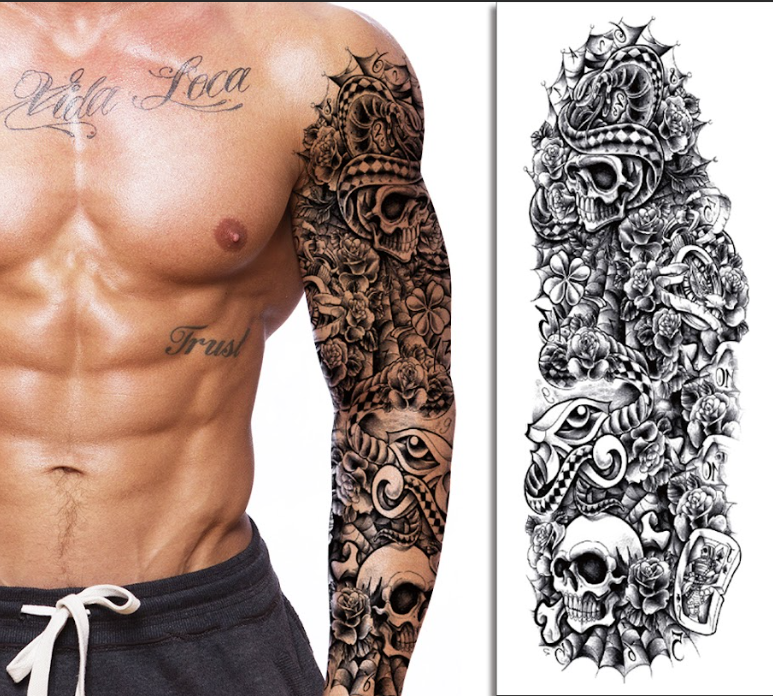 Full Sleeve Skull Snake & Floral Tattoo for Men – Long Lasting | Temporary Tattoo