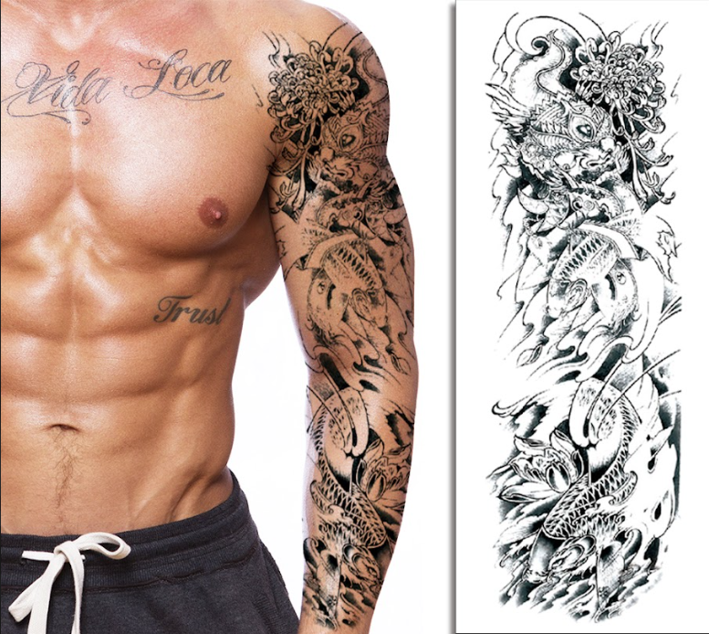Full Sleeve Stylized Fish & Waves Tattoo for Men – Artistic Ocean Ink Design, Durable, Easy to Apply & Skin Safe | Temporary Tattoo
