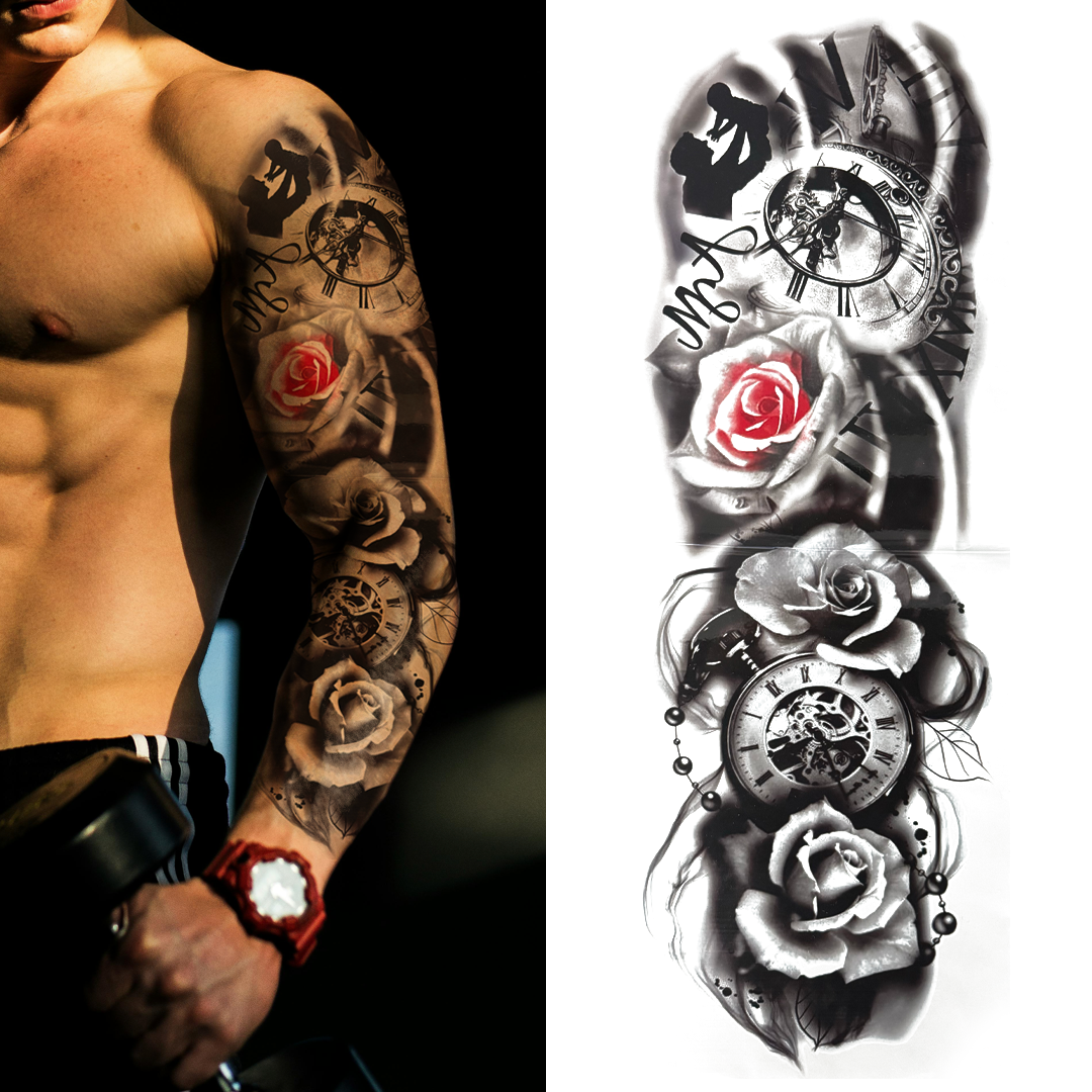 (Full Sleeve) The Clocks & Roses - Temporary Tattoo