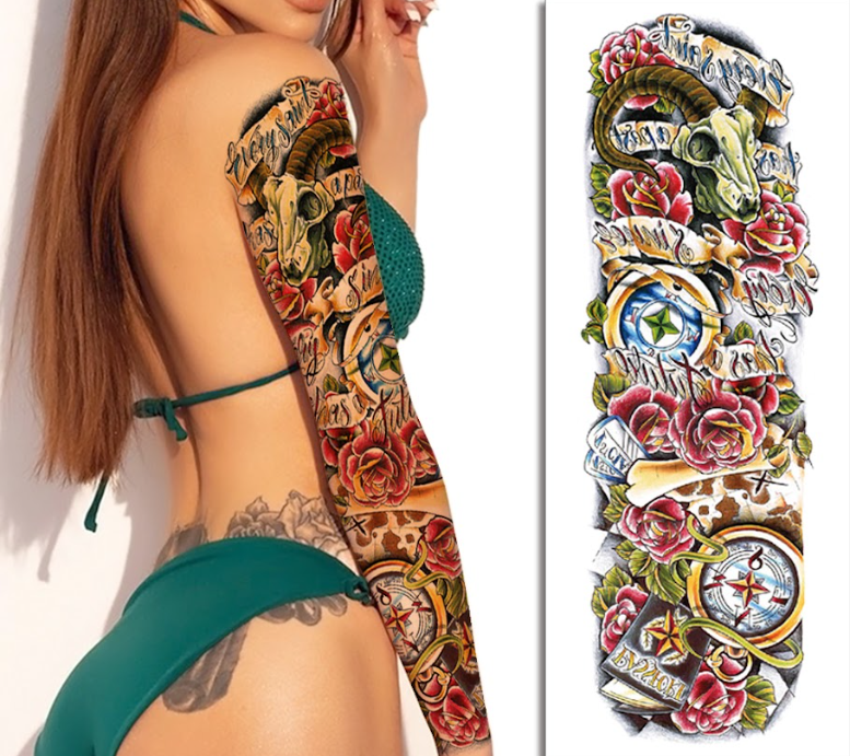 Full Sleeve Floral Compass Tattoo for Women β Long Lasting & Easy to Apply | Temporary Tattoo