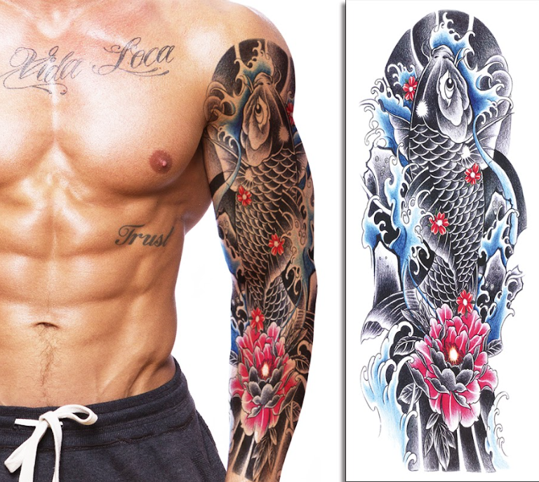 (Full Sleeve) The Fish & Red Flower - Temporary Tattoo