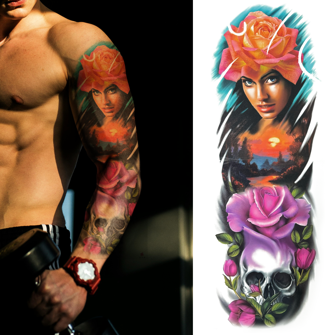 (Full Sleeve) The Girl & Roses Skull - Temporary Tattoo