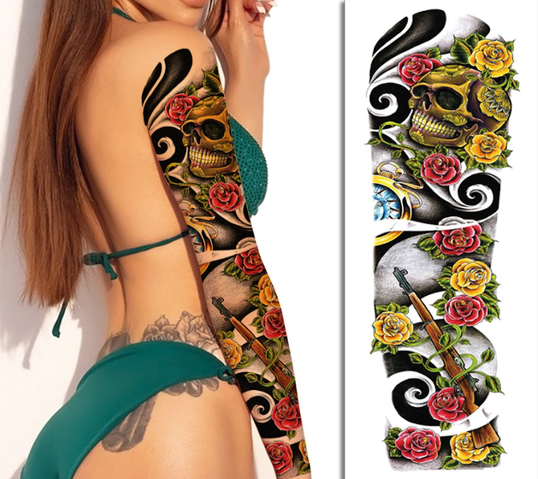 (Full Sleeve) The Guns & Roses Skull - Temporary Tattoo
