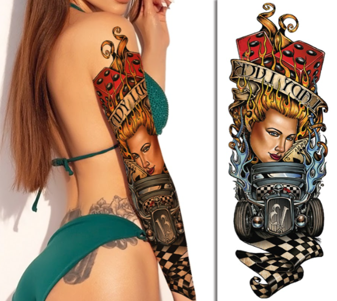 (Full Sleeve) The Lady & Car Dice - Temporary Tattoo