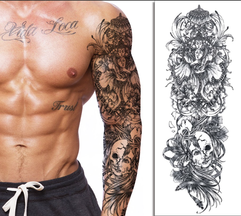 (Full Sleeve) The Lady & Skull - Temporary Tattoo