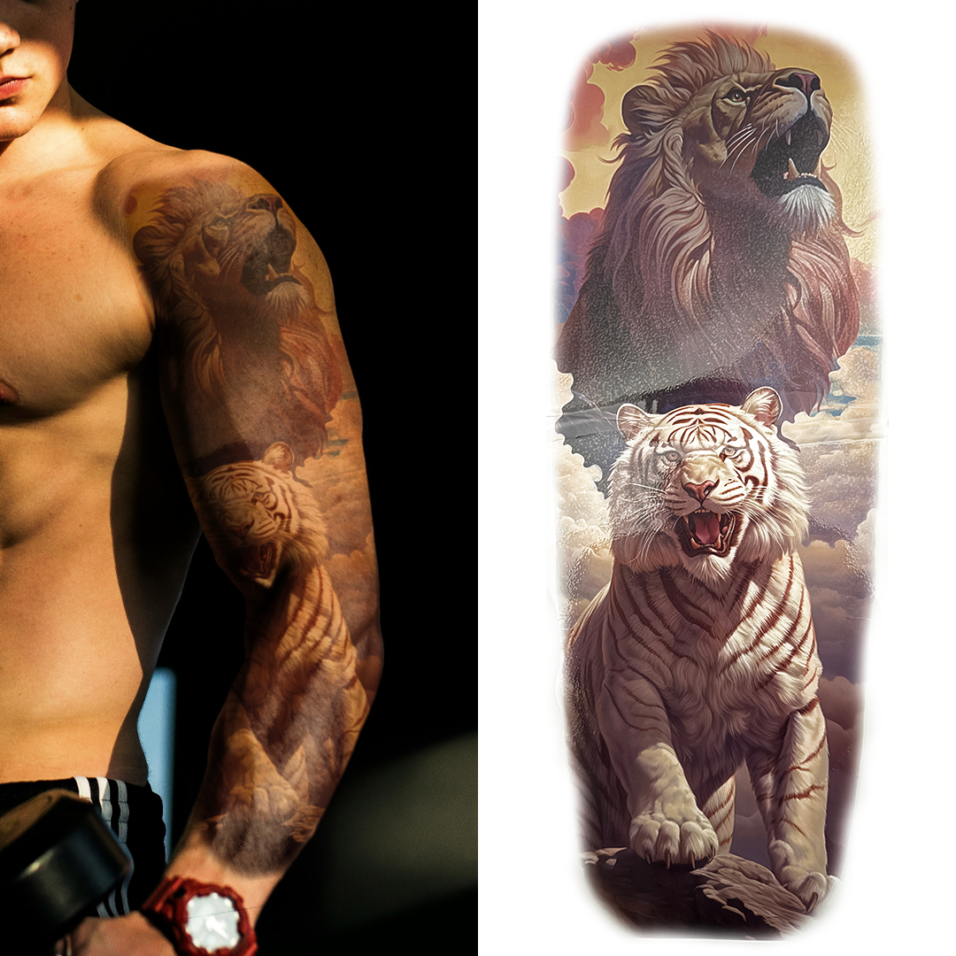 (Full Sleeve) The Lion & Tiger - Temporary Tattoo