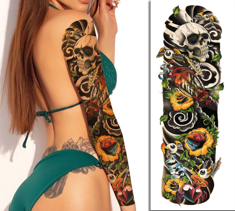 (Full Sleeve) The Skull Eyeball with Flowers - Temporary Tattoo