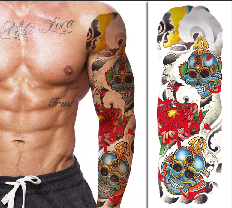 (Full Sleeve) The Skulls & Flowers - Temporary Tattoo