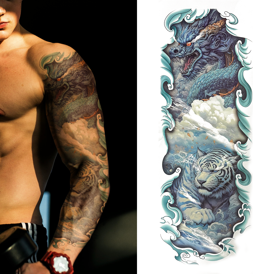 (Full Sleeve) The Tiger Dragon Serpent - Temporary Tattoo
