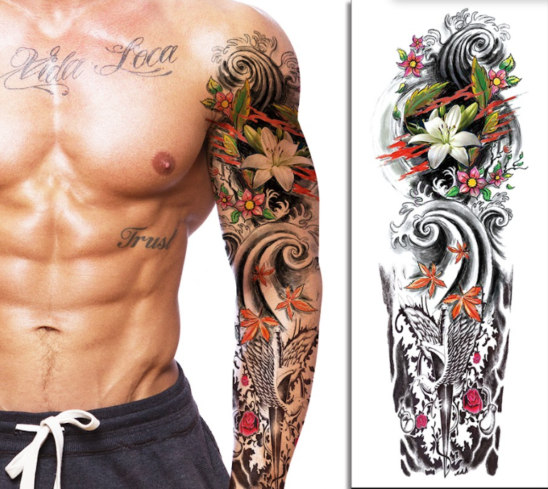Full Sleeve Waves & Flowers Tattoo for Women – Elegant Ocean-Inspired Design, Long Lasting & Skin Safe | Temporary Tattoo
