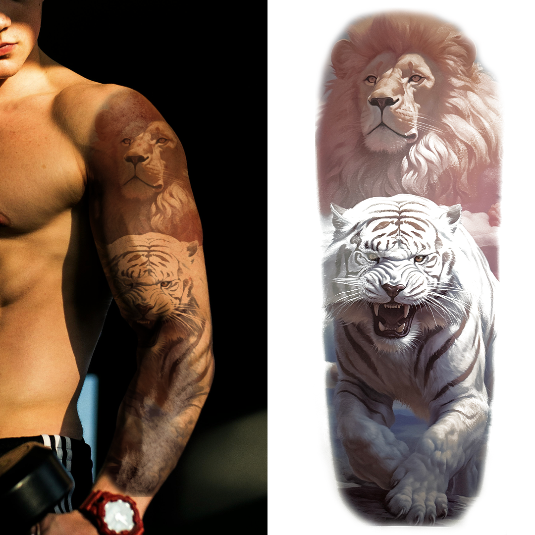 (Full Sleeve) The White Tiger & The Lion- Temporary Tattoo
