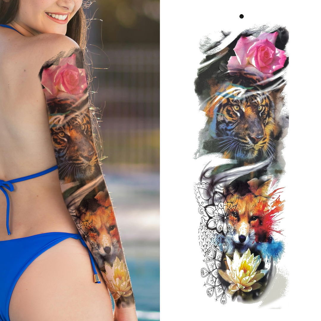 (Full Sleeve) Tiger & Fox Flowers - Temporary Tattoo