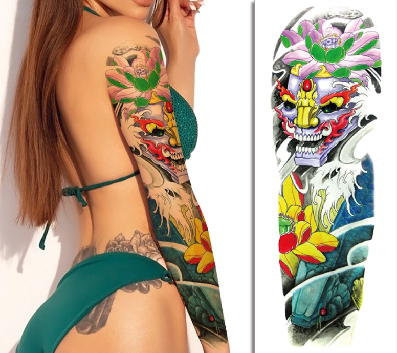 (Full Sleeve) Vibrant Skull with Fish - Temporary Tattoo