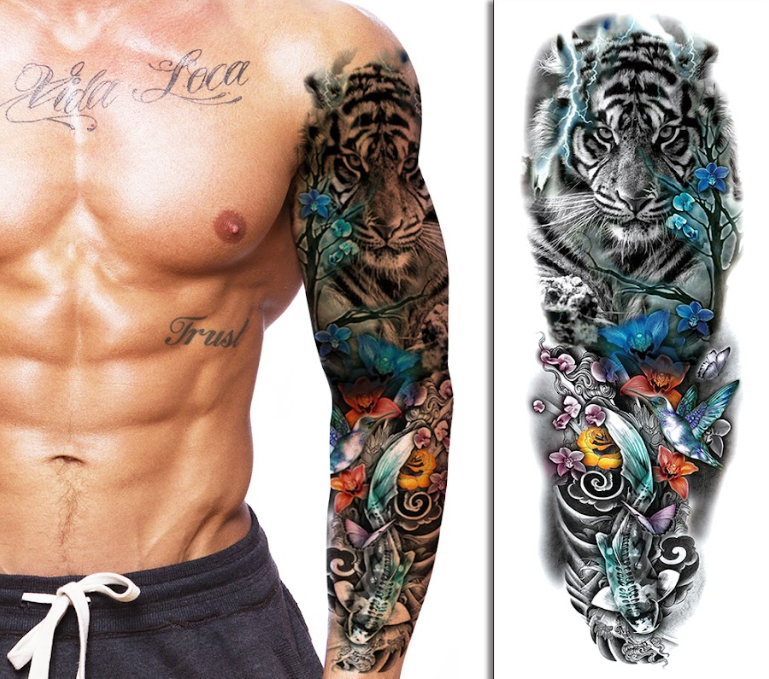 (Full Sleeve) Vibrant Tiger with Birds - Temporary Tattoo