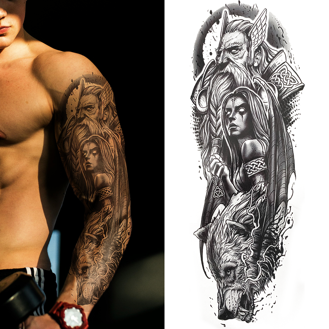 (Full Sleeve) Vikings & Wolf - Temporary Tattoo