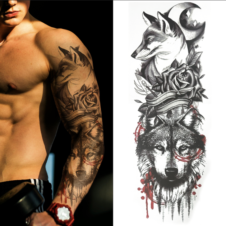 (Full Sleeve) Wolf Moon Rose - Temporary Tattoo